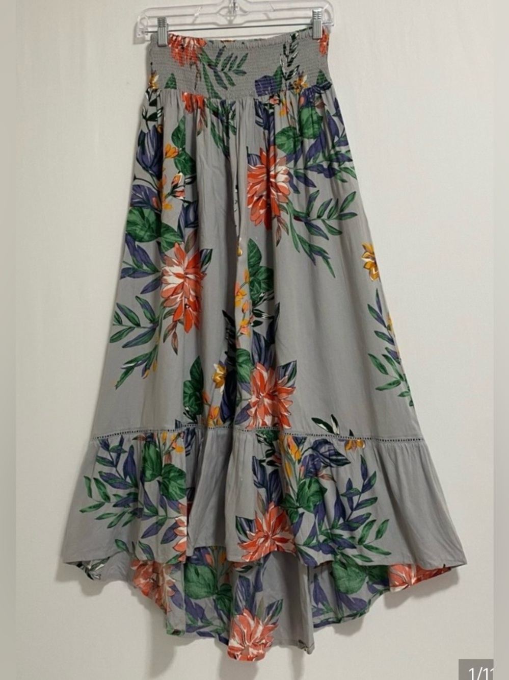 Patrons of Peace Gray High-Low Floral Maxi Skirt with Orange & Green Print